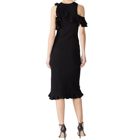 ALC Kellam Black Ribbed Cold Shoulder Ruffle Trim Stretch Knit Midi Dress Large - Picture 3 of 16